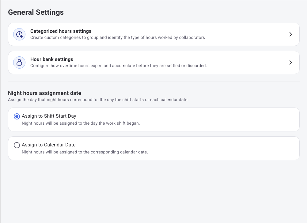 General Settings screen with the Hour bank settings option, linking to Time policies and Time off