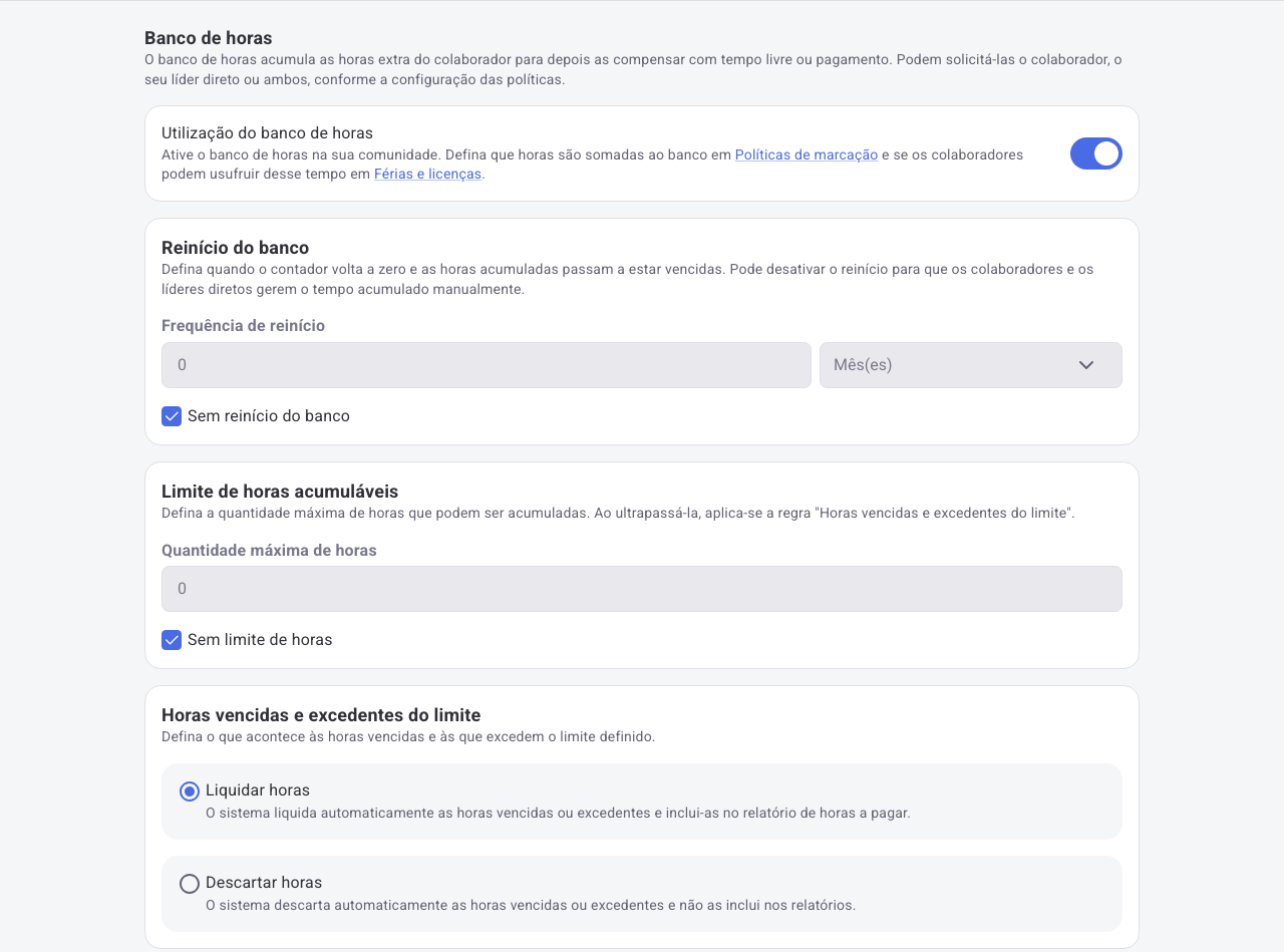 Ecrã de configurações do banco de horas com o interruptor de utilização, reinício do banco, limite de horas acumuláveis e a regra de liquidar ou descartar horas vencidas