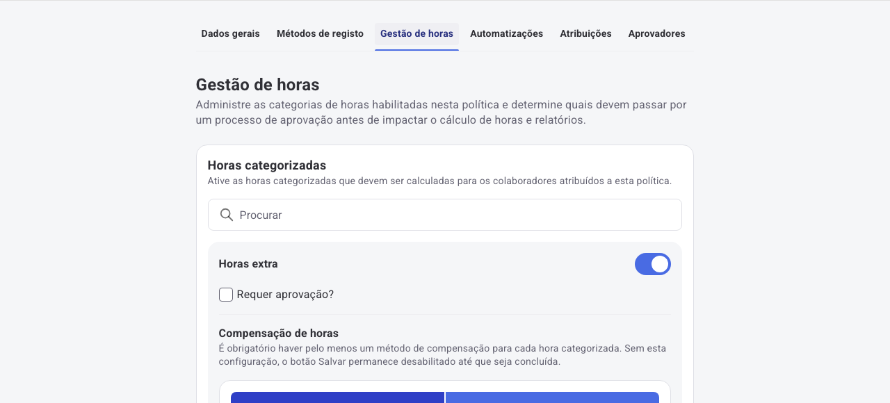 Intervalos de compensação de uma categoria de horas: de 0 a 2 horas para o banco de horas, e mais de 2 horas para pagamento na folha