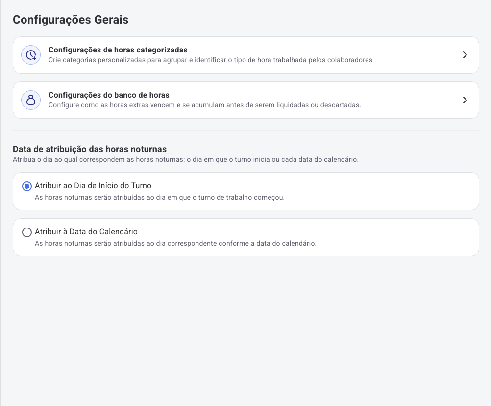Ecrã de Configurações Gerais com a opção Configurações do banco de horas, com ligação a Políticas de marcação e Férias e licenças