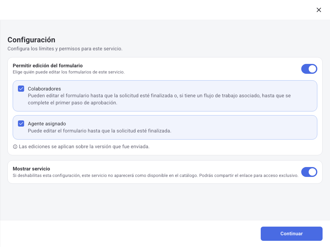 Pestaña Configuración con el toggle Permitir edición del formulario activado y los roles Colaboradores y Agente asignado seleccionados