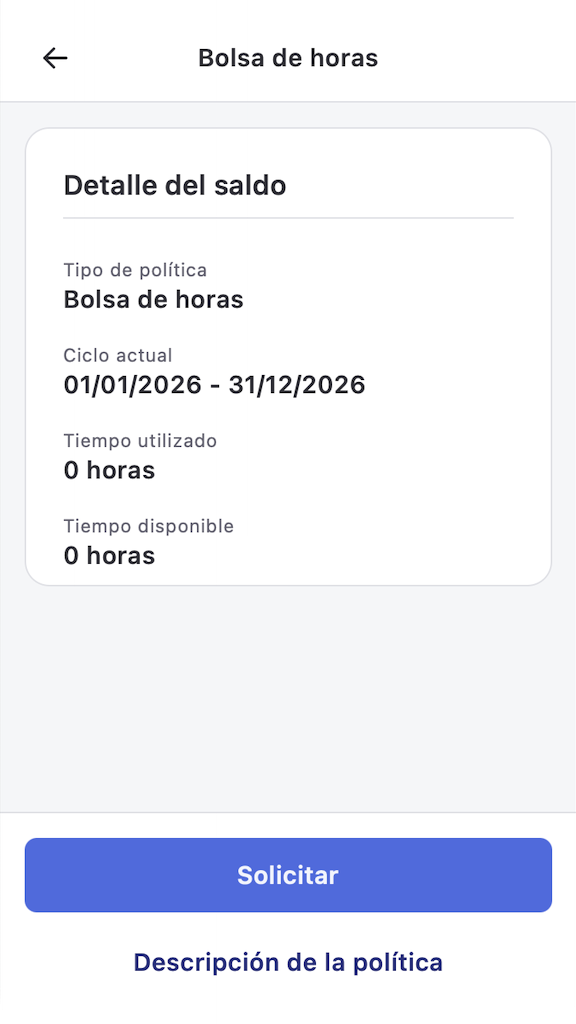 Detalle del saldo de la Bolsa de horas con ciclo actual, tiempo utilizado y tiempo disponible