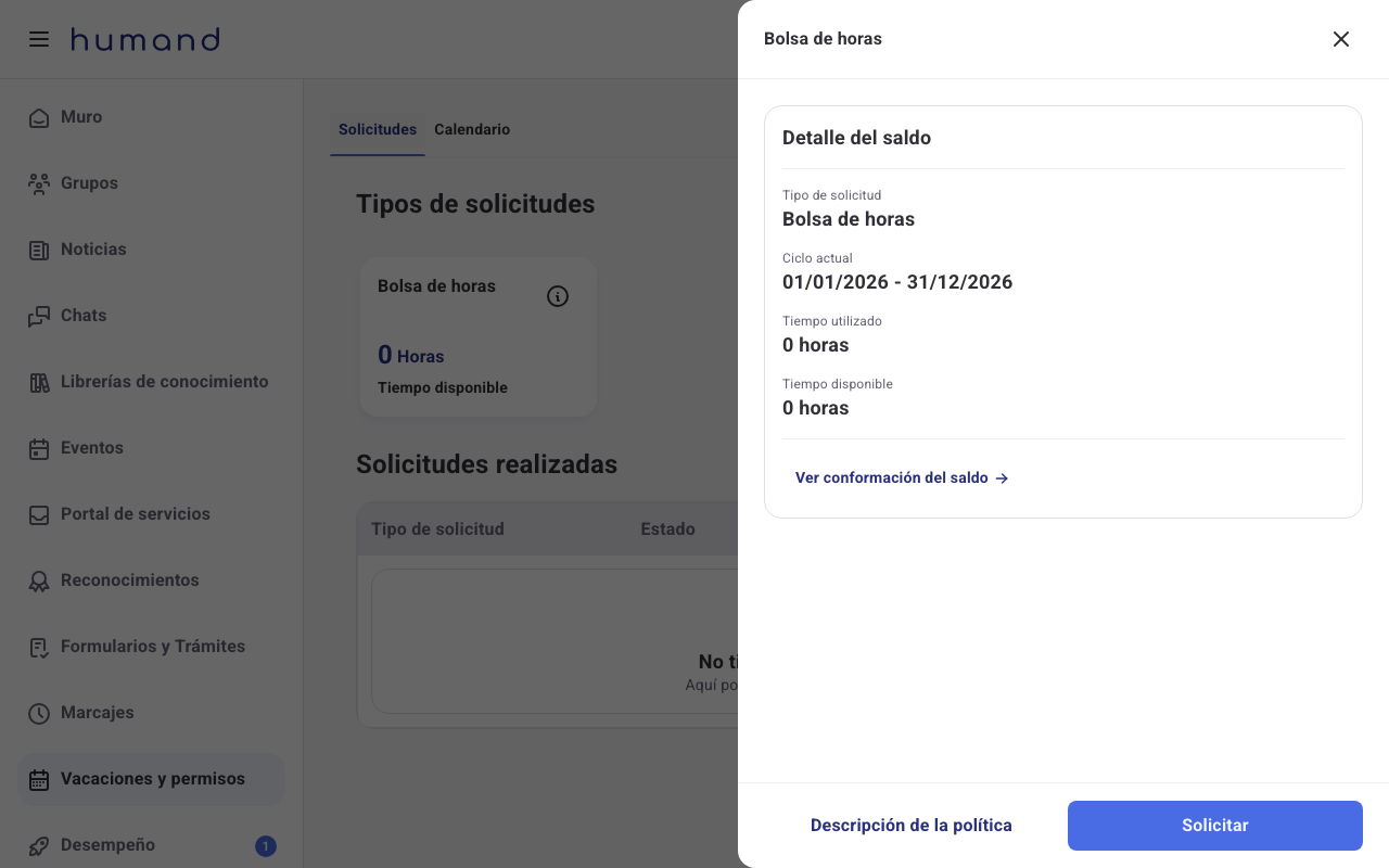 Detalle del saldo de la Bolsa de horas con ciclo actual, tiempo utilizado y tiempo disponible