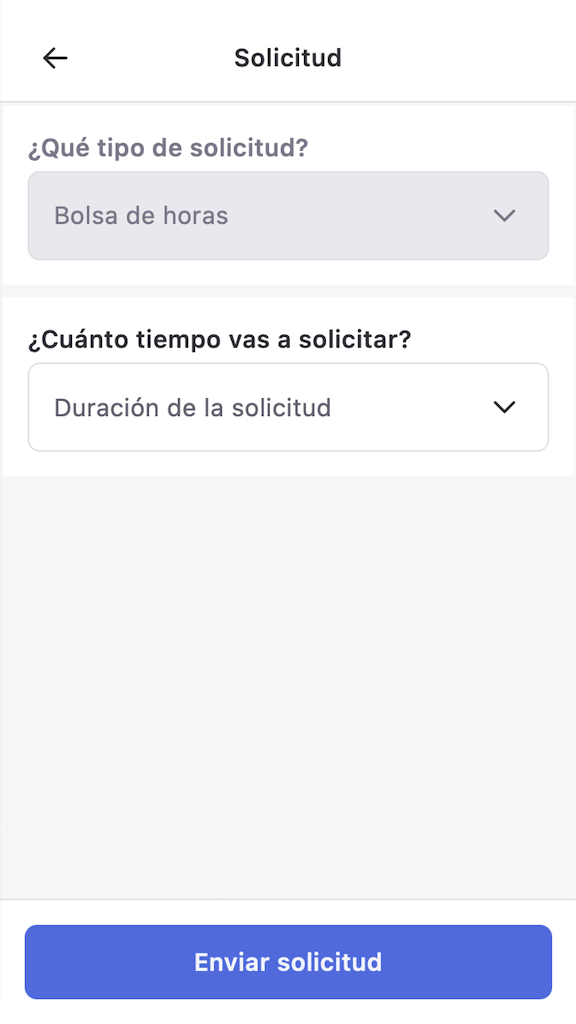 Formulario de solicitud con Bolsa de horas seleccionada como tipo de solicitud