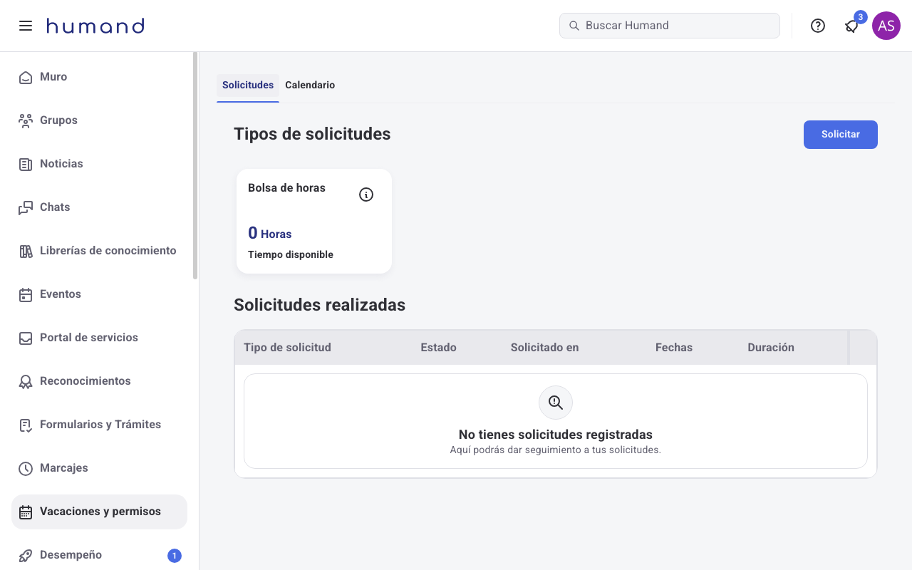 Tarjeta Bolsa de horas dentro de Tipos de solicitudes en Vacaciones y permisos