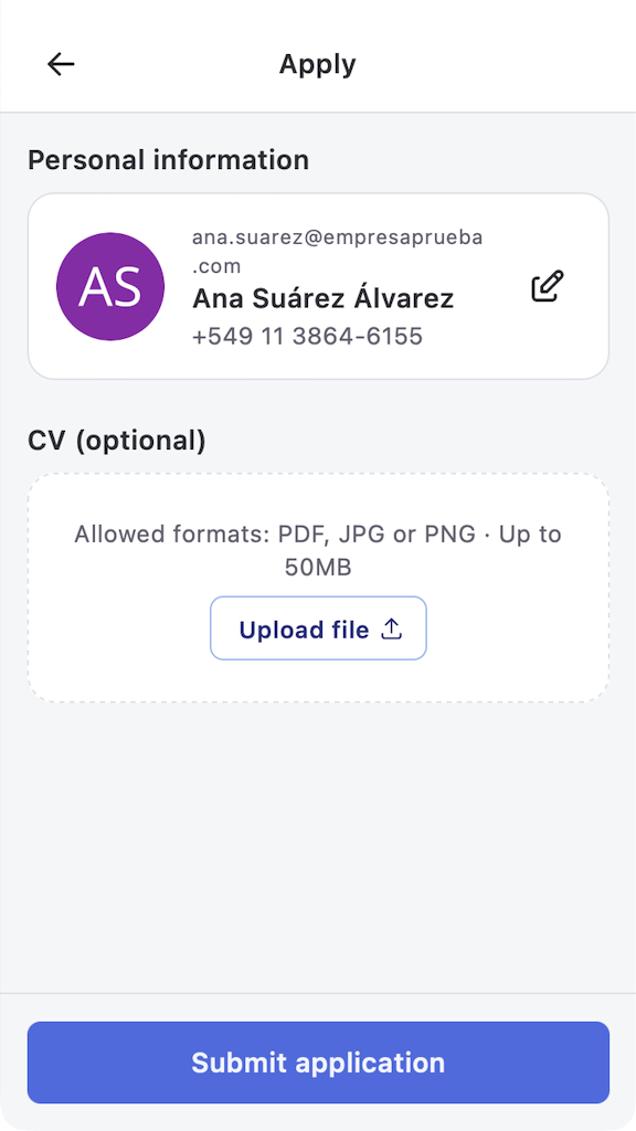 Apply screen in the Jobs app with the applicant's pre-filled personal information