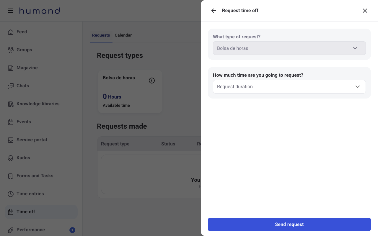 Request form with Bolsa de horas selected as the request type