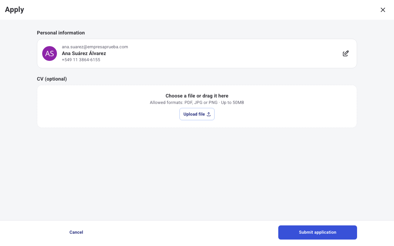 Application form in Humand Web with the profile details pre-filled