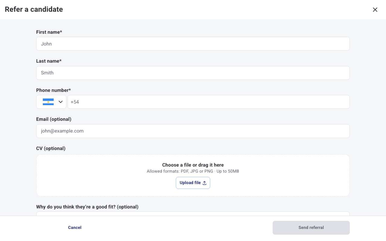 Refer a candidate form in Humand Web with first name, last name, phone number, and comment