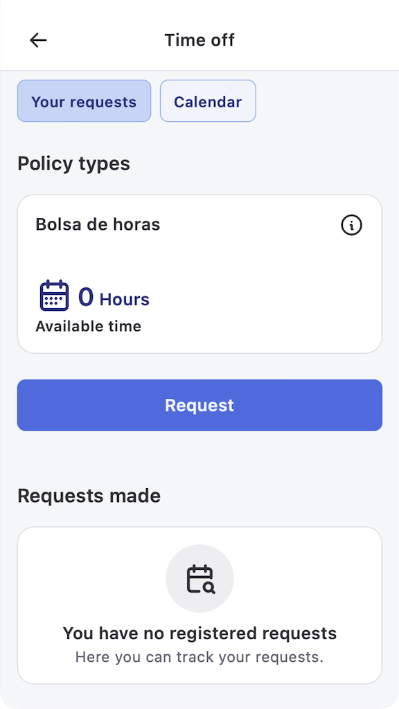 Bolsa de horas card among Policy types in Time off