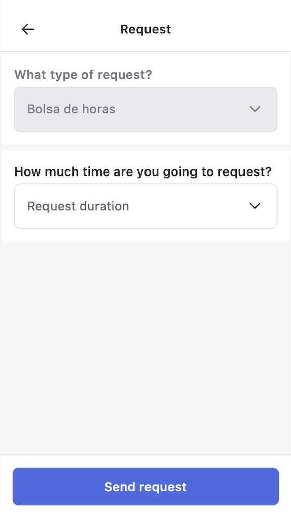 Request form with Bolsa de horas selected as the request type