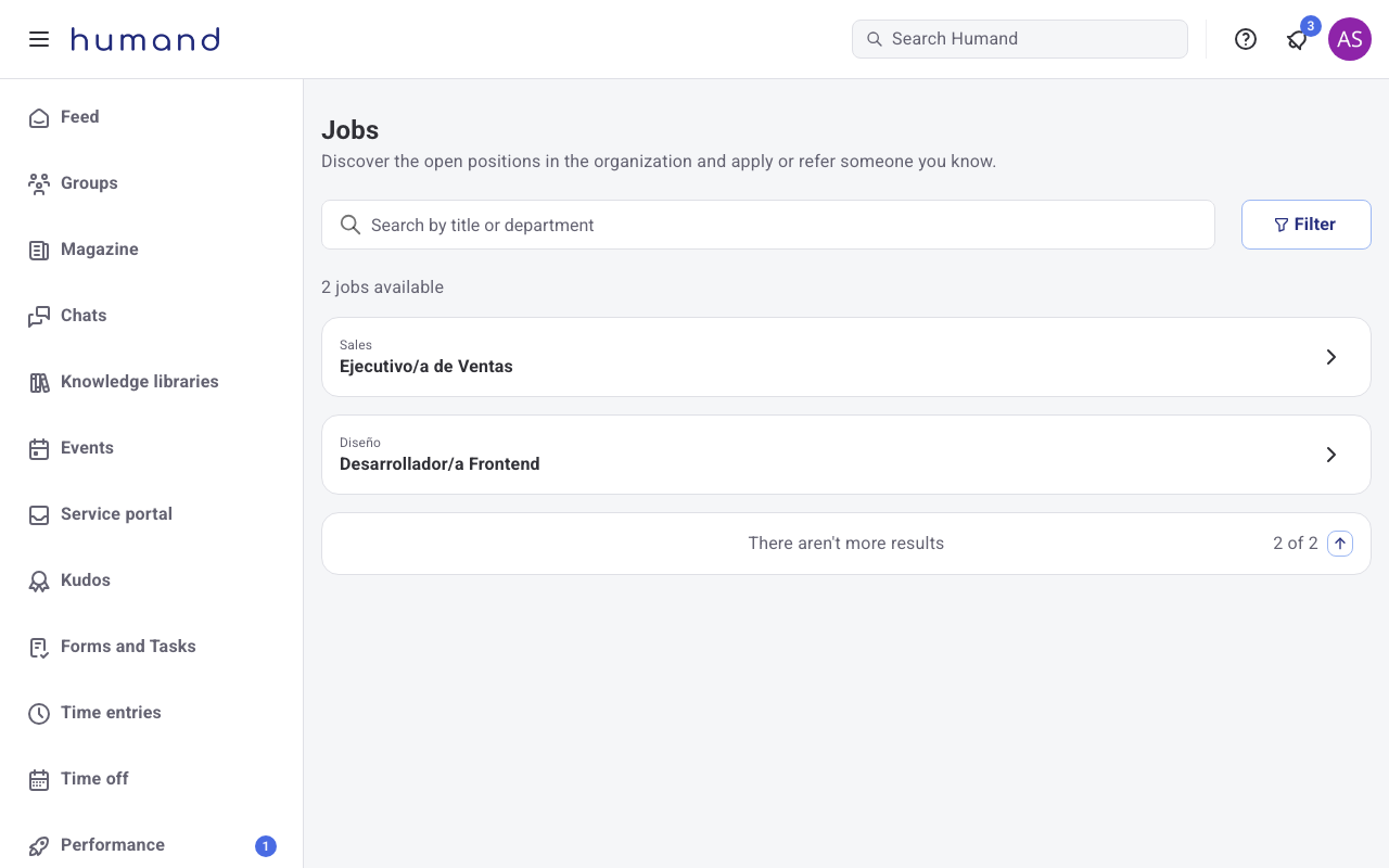 List of available jobs in Humand Web with a search bar and department filter