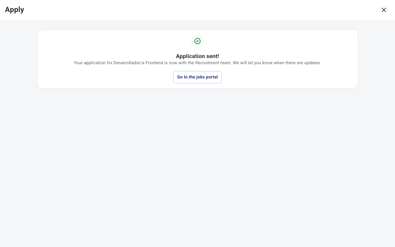 Confirmation screen for a submitted application in Humand Web