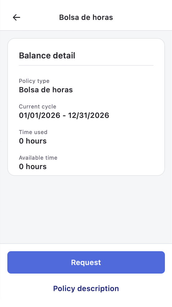 Balance detail for the Bolsa de horas with current cycle, time used, and available time