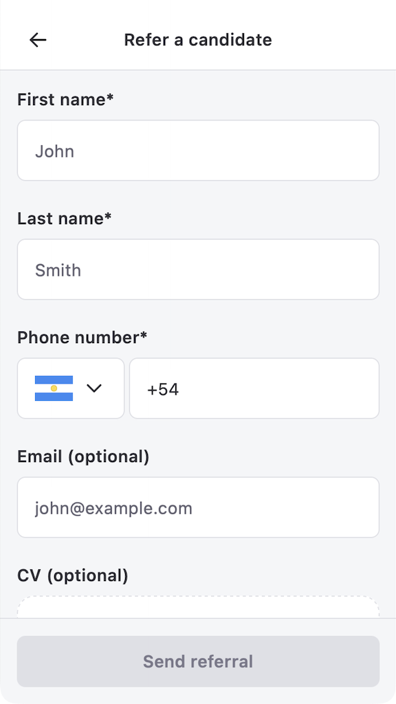 Refer a candidate form in the Jobs app