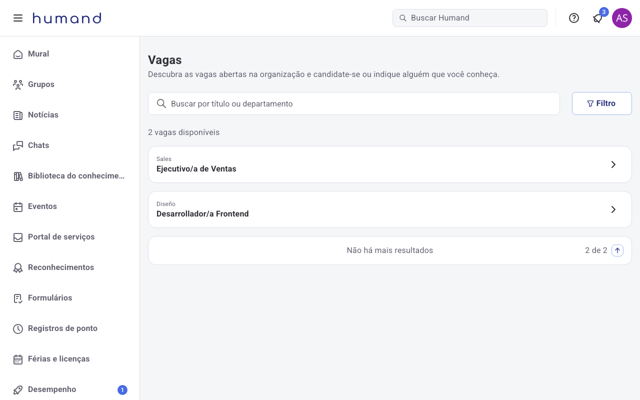 Lista de vagas disponíveis no Humand Web com busca e filtro por departamento