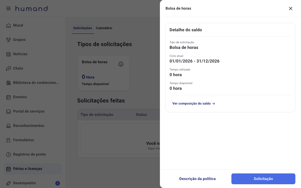 Detalhe do saldo da Bolsa de horas com ciclo atual, tempo utilizado e tempo disponível