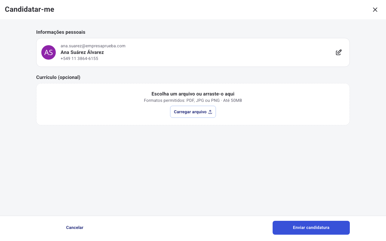 Formulário de candidatura no Humand Web com os dados de perfil pré-preenchidos