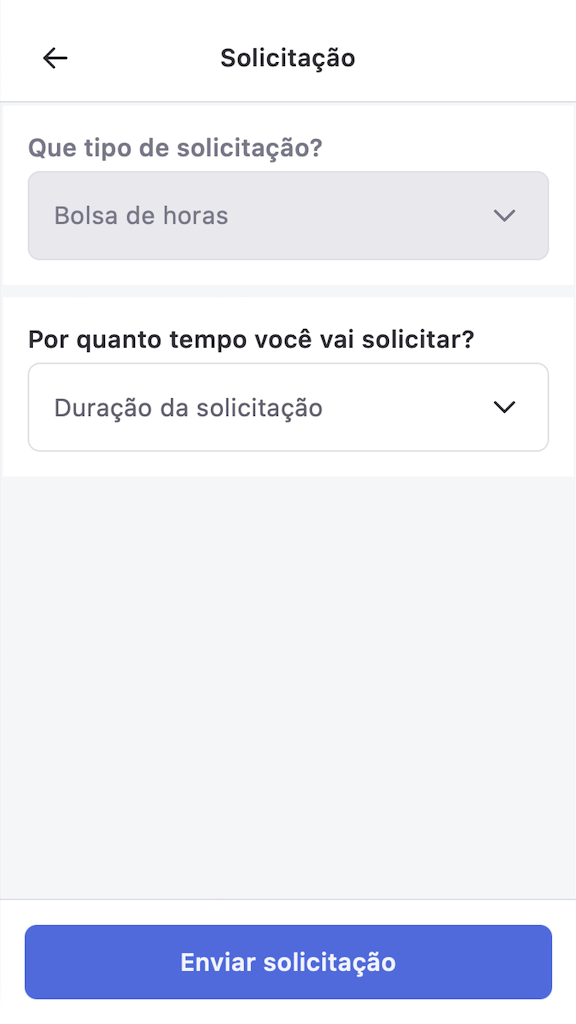 Formulário de solicitação com Bolsa de horas selecionada como tipo de solicitação