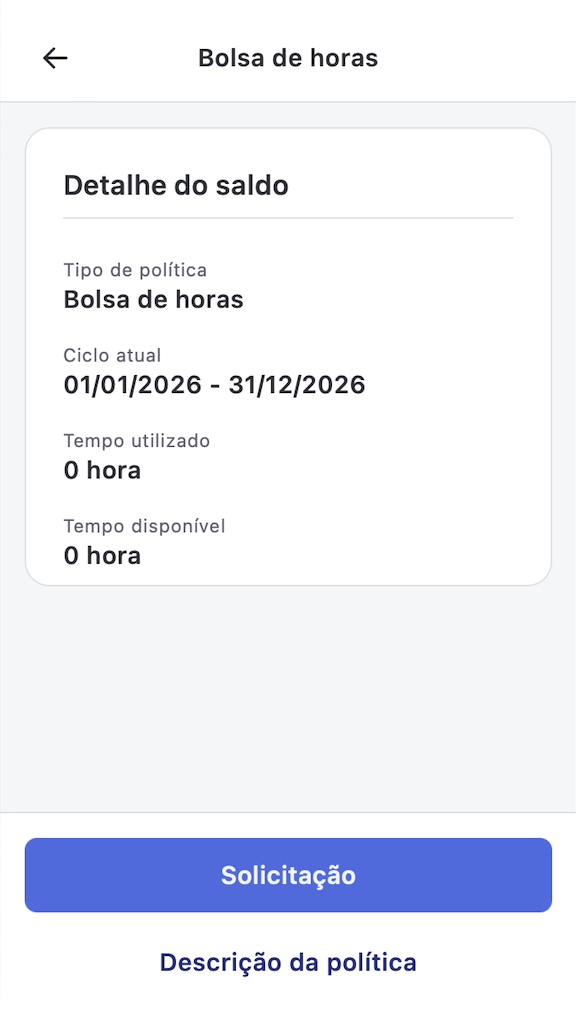 Detalhe do saldo da Bolsa de horas com ciclo atual, tempo utilizado e tempo disponível