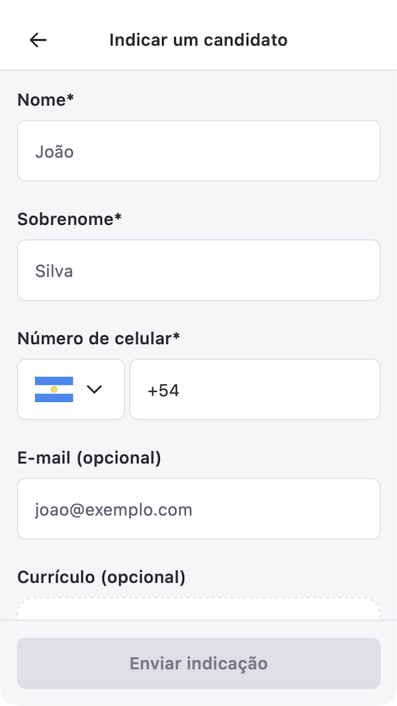 Formulário Indicar um candidato no app Vagas