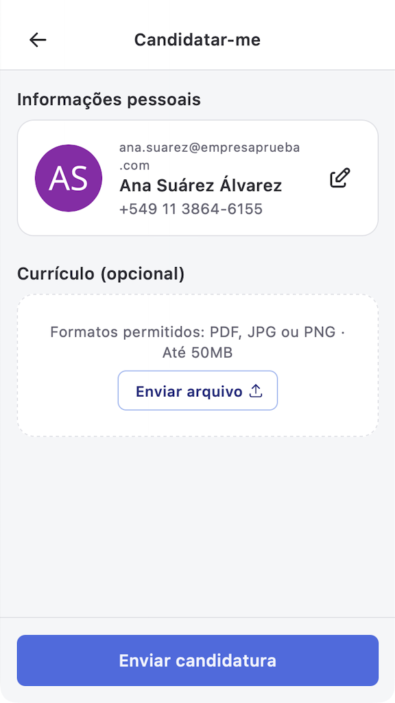 Tela Candidatar-me no app Vagas com as informações pessoais pré-preenchidas
