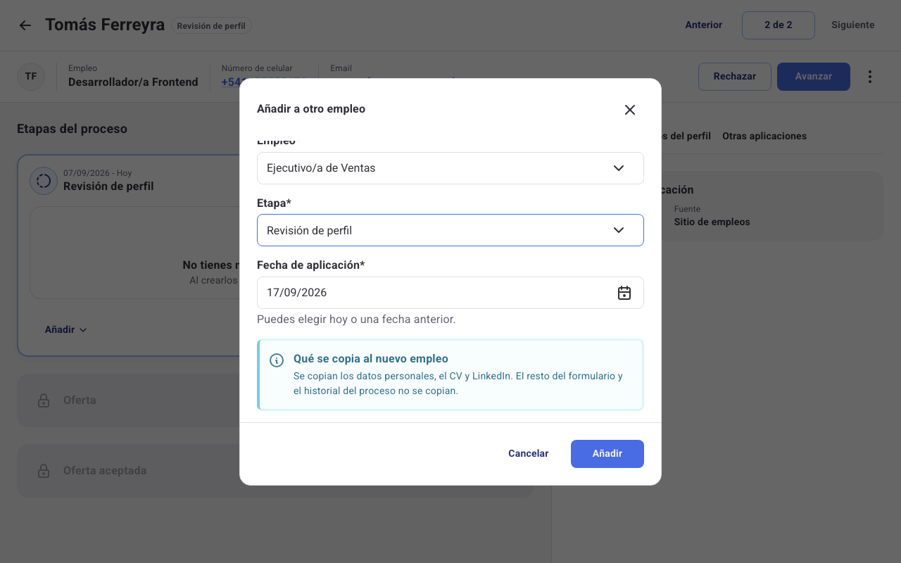 Modal para elegir empleo, etapa y fecha de aplicación, con el aviso de qué datos se copian al nuevo empleo