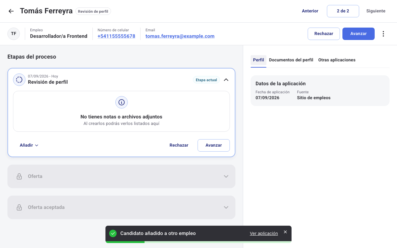 Mensaje de éxito Candidato añadido a otro empleo