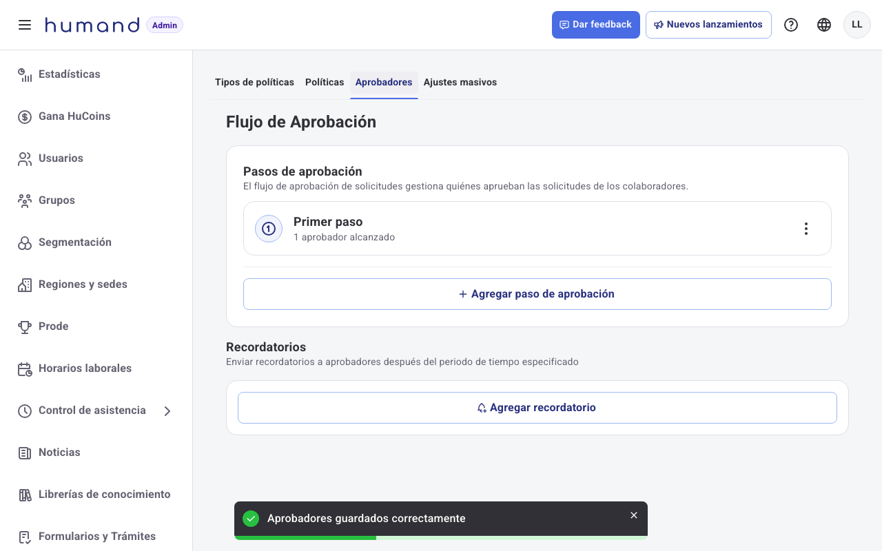Pantalla Flujo de Aprobación con el Primer paso y un aprobador alcanzado