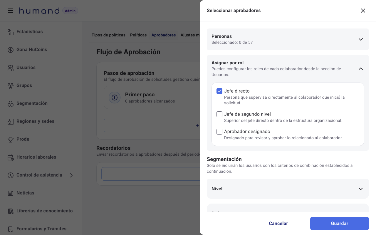 Modal Seleccionar aprobadores con el rol Jefe directo marcado
