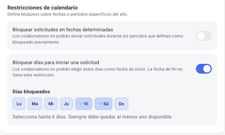 Toggle Bloquear días para iniciar una solicitud activado con Viernes y Sábado seleccionados como días bloqueados