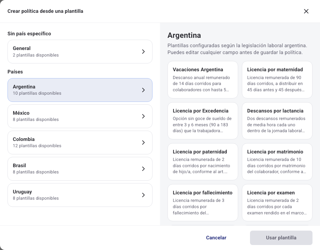 Selector de plantillas con la categoría Argentina y sus políticas disponibles