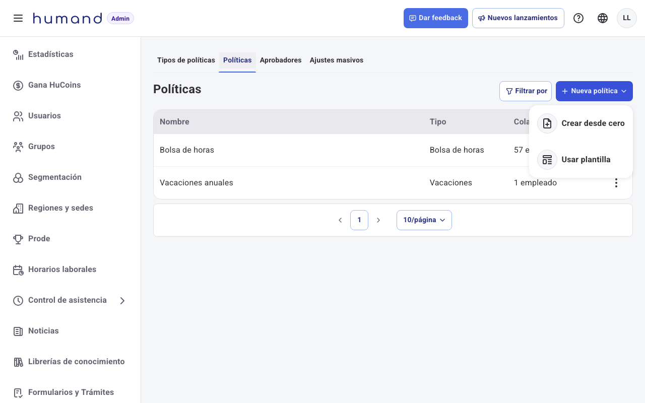 Menú del botón Nueva política con las opciones Crear desde cero y Usar plantilla