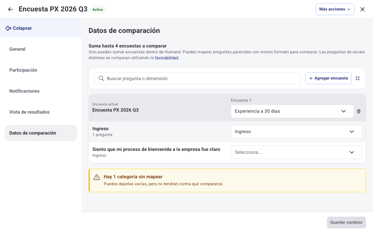 Pantalla Datos de comparación con una encuesta agregada y sus preguntas mapeadas