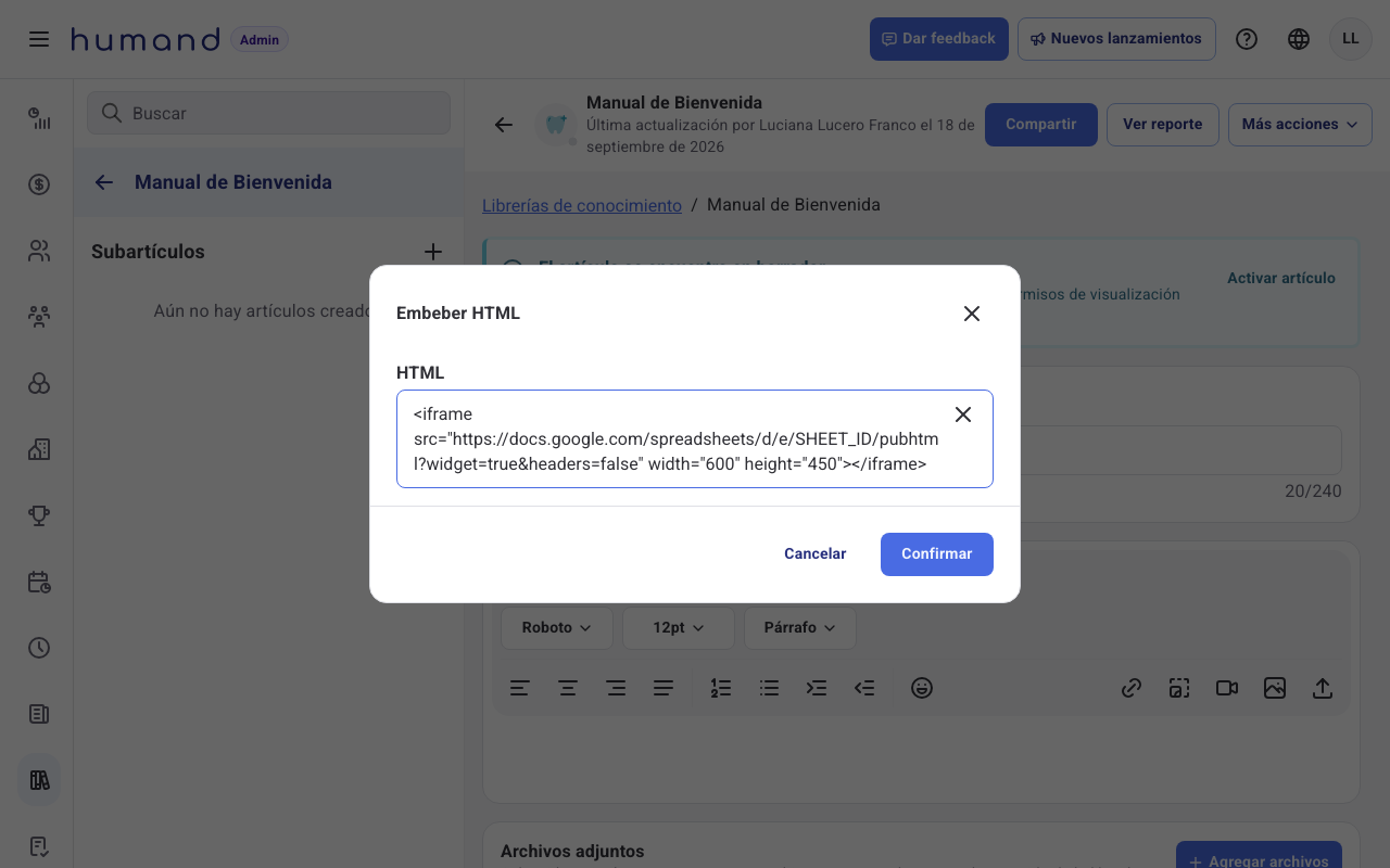 Modal Embeber HTML con el código de una hoja de cálculo de Google Sheets pegado