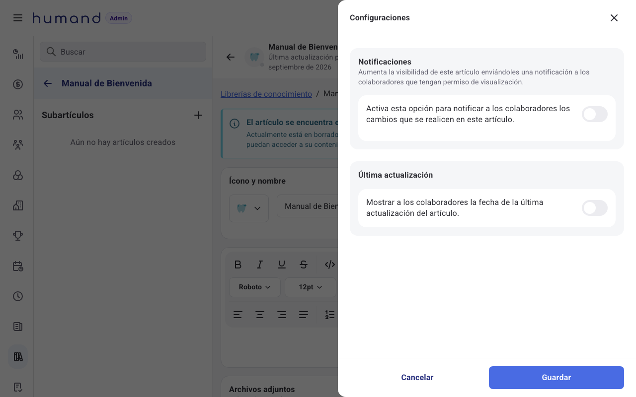 Panel de configuraciones con el toggle de notificaciones y de fecha de última actualización