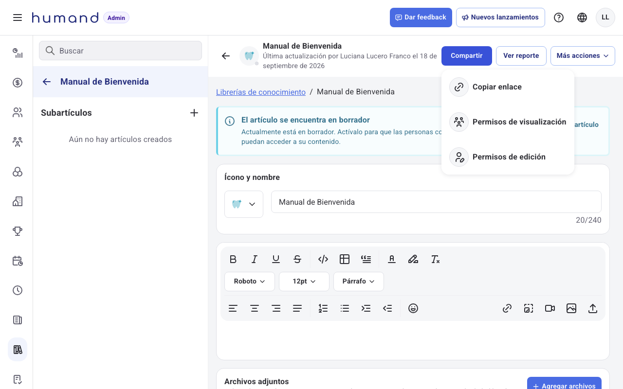 Menú Compartir con las opciones Copiar enlace, Permisos de visualización y Permisos de edición