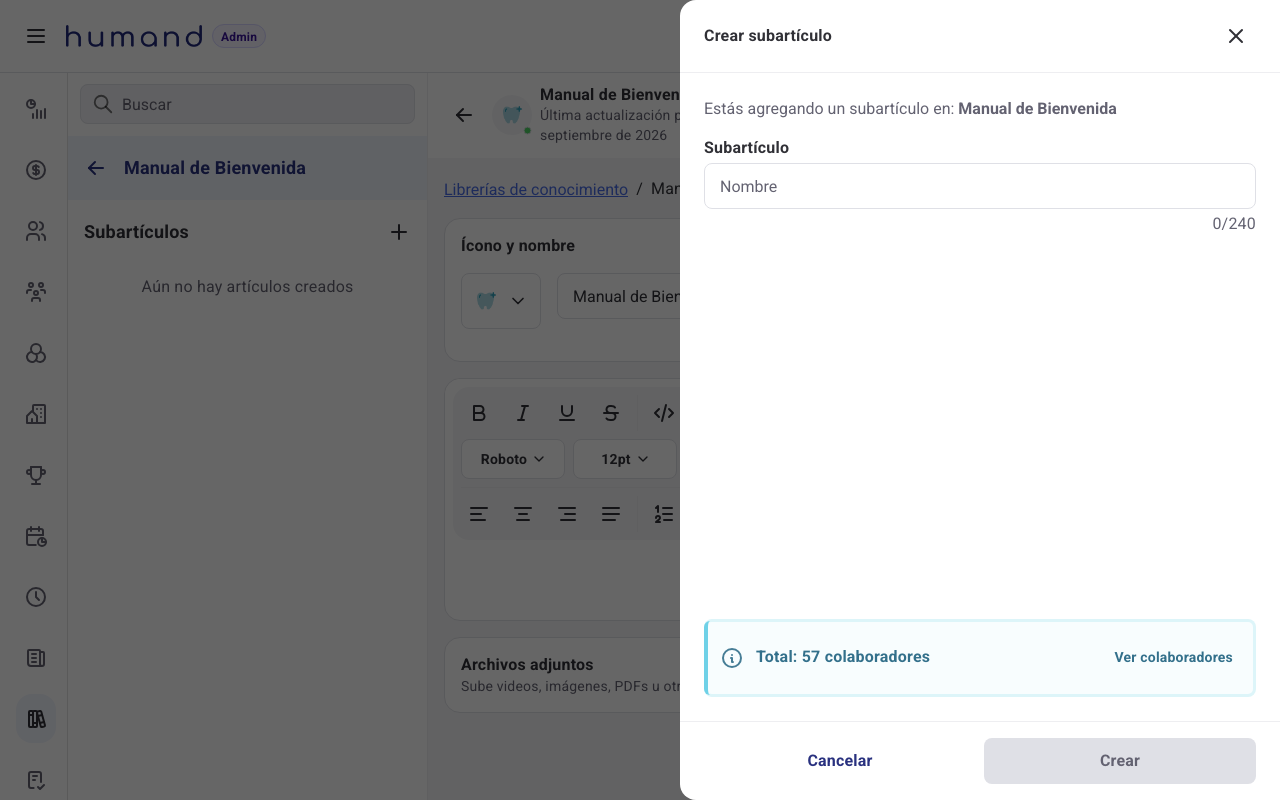 Modal Crear subartículo con el campo Nombre