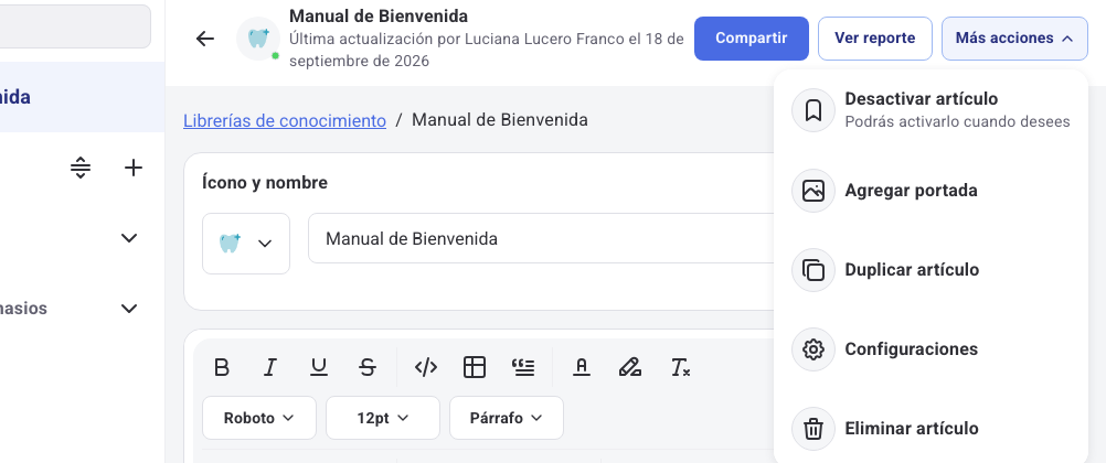 Menú Más acciones con la opción Activar artículo