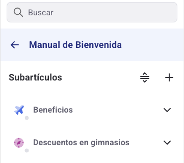 Panel de Subartículos con dos artículos creados y el ícono para reordenarlos