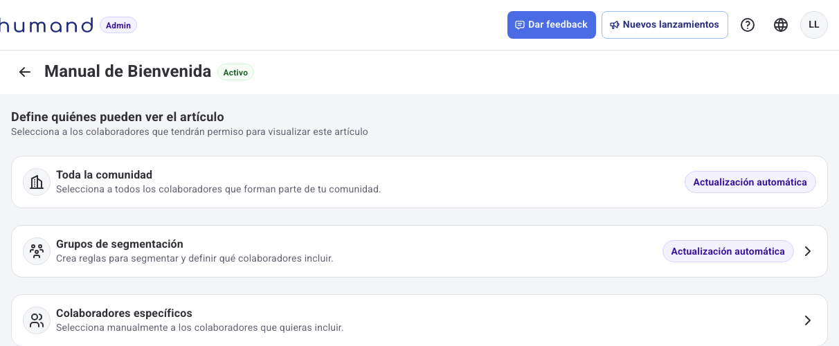 Pantalla Define quiénes pueden ver el artículo