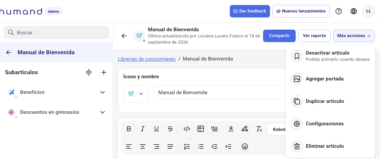 Menú Más acciones con las opciones Desactivar artículo, Agregar portada, Duplicar artículo, Configuraciones y Eliminar artículo