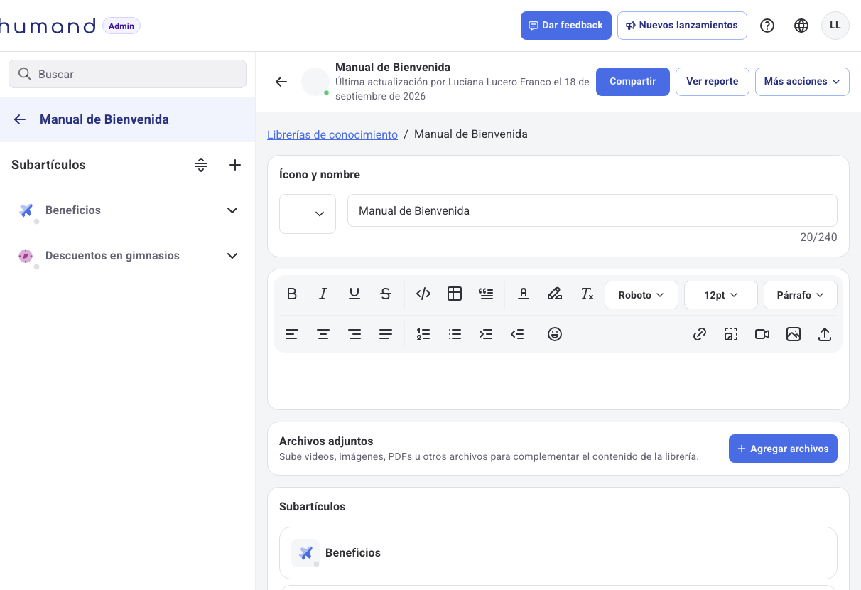 Editor de la librería con Ícono y nombre, el editor de texto y Archivos adjuntos