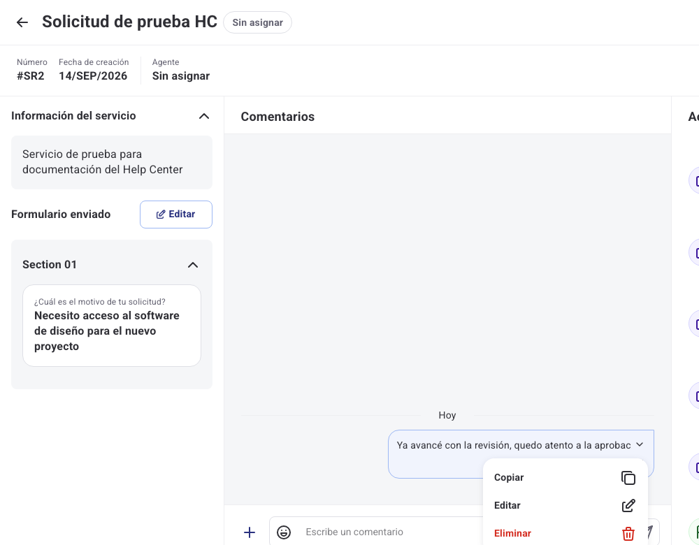 Menú de opciones de un comentario propio con Copiar, Editar y Eliminar