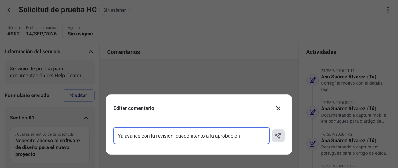 Ventana Editar comentario con el texto actual cargado
