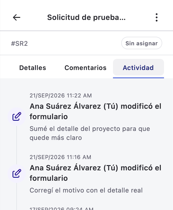 Detalle de la solicitud con la edición registrada en la sección Actividad