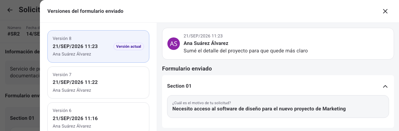 Panel Versiones del formulario enviado mostrando la versión actual y la versión original
