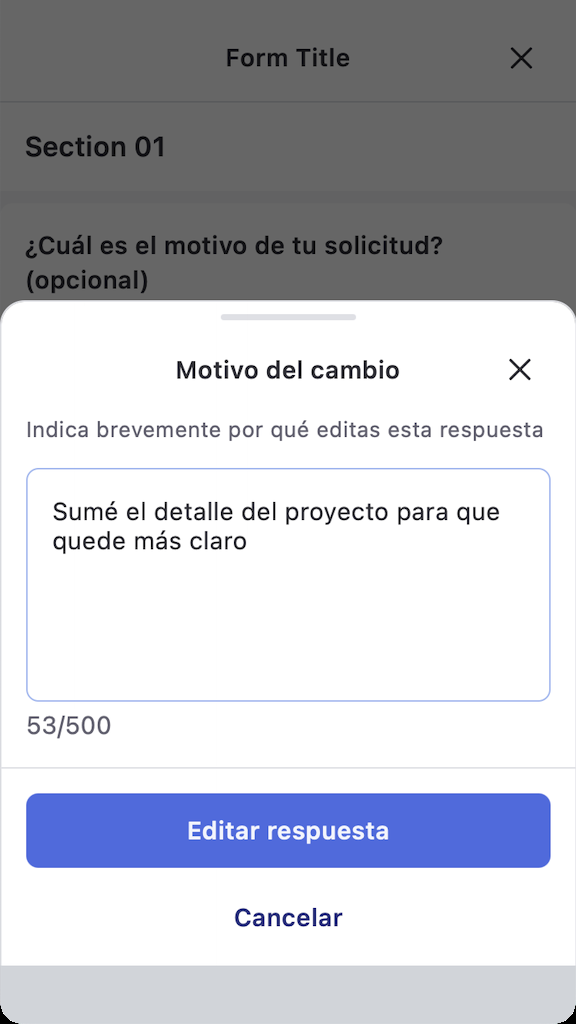 Formulario en modo edición con una respuesta modificada marcada con la pill Editada