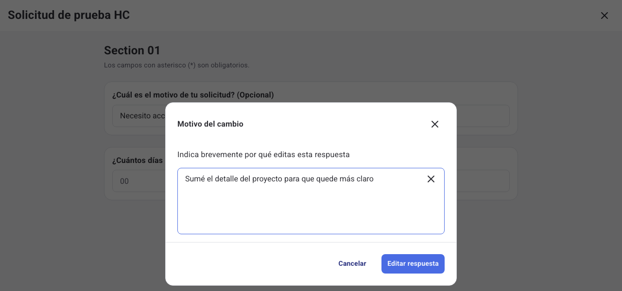 Modal Motivo del cambio con el campo de justificación completado