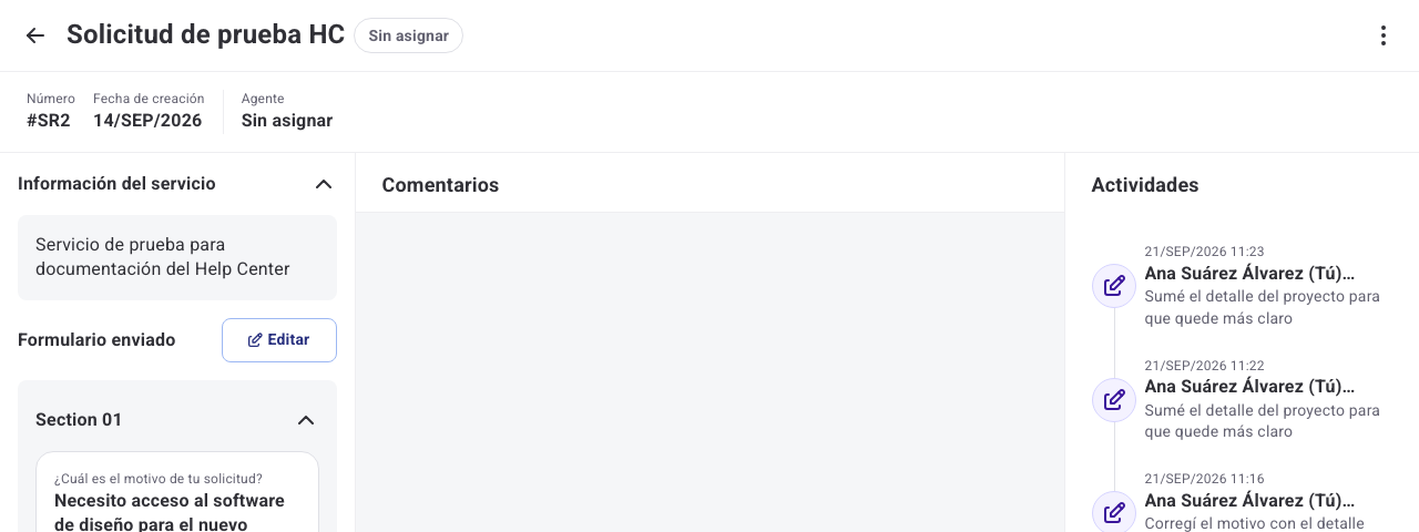 Detalle de la solicitud con la edición registrada en la sección Actividad